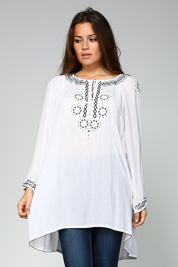 Long Sleeve White Tunic Top with Black Embroidery